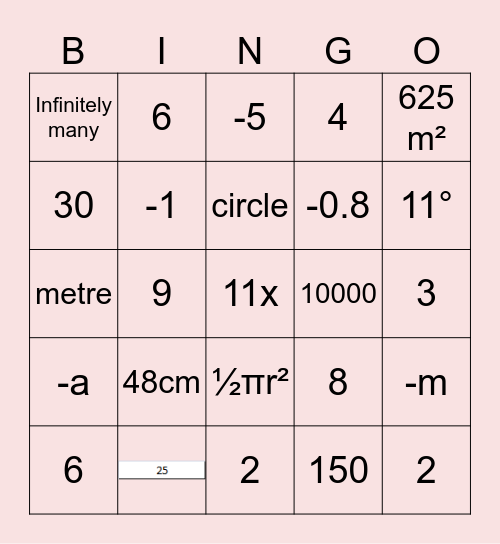 MATHEMATICS FUN BINGO Card