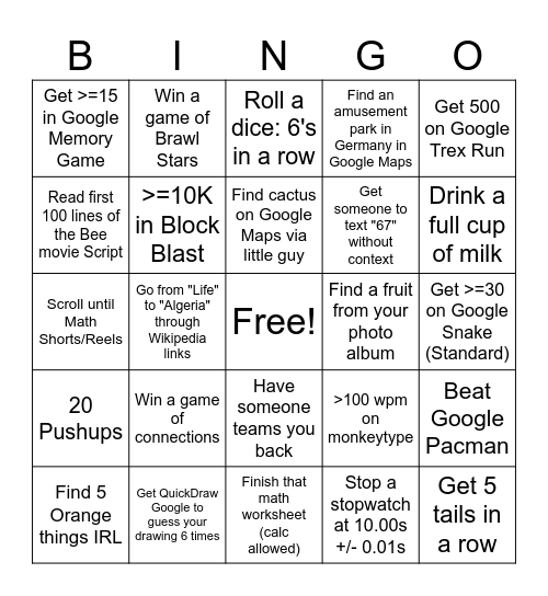 bingo challenge Bingo Card