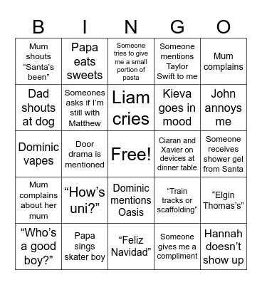 Family Christmas Bingo Card