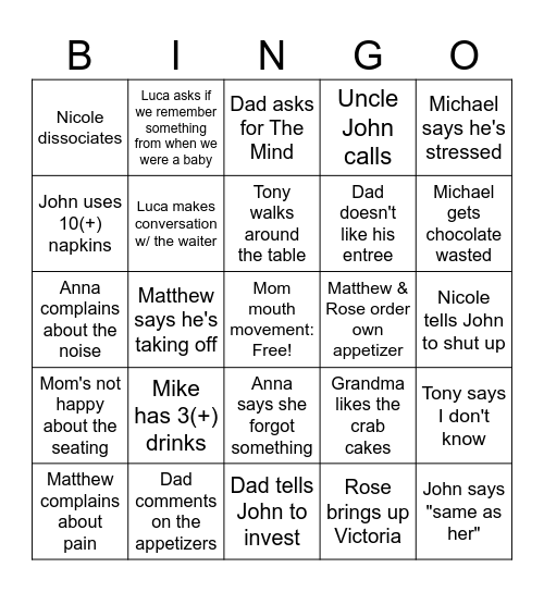 Monterey Christmas Dinner Bingo Card