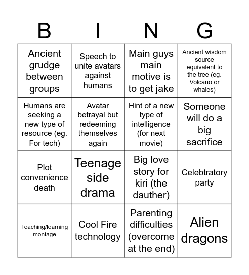 Avatar 3 movie bingo Card