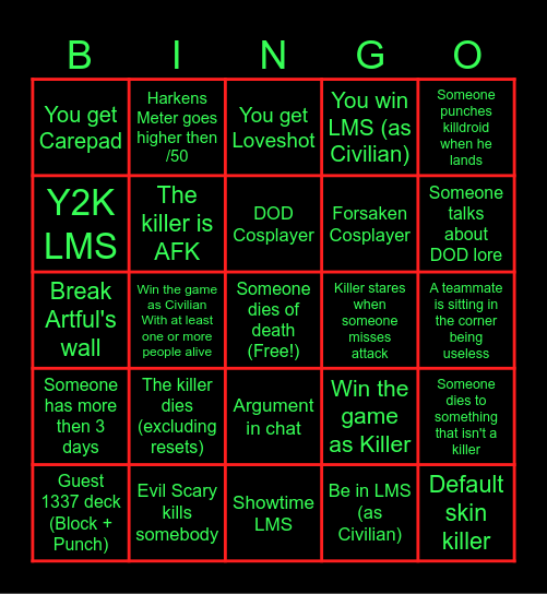 DOD Bingo Card