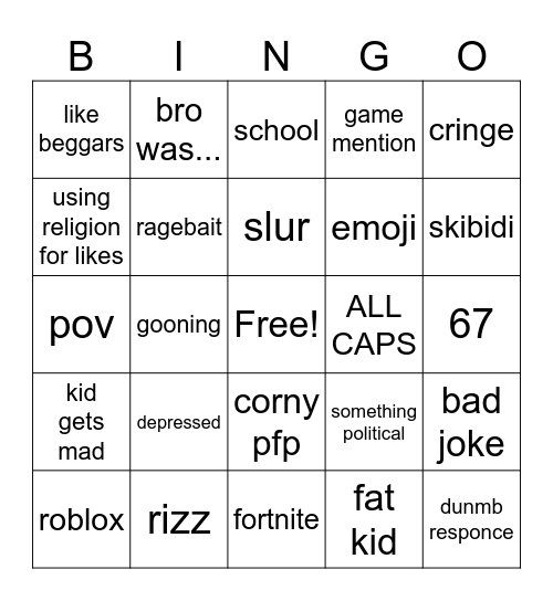 gen alpha kids Bingo Card