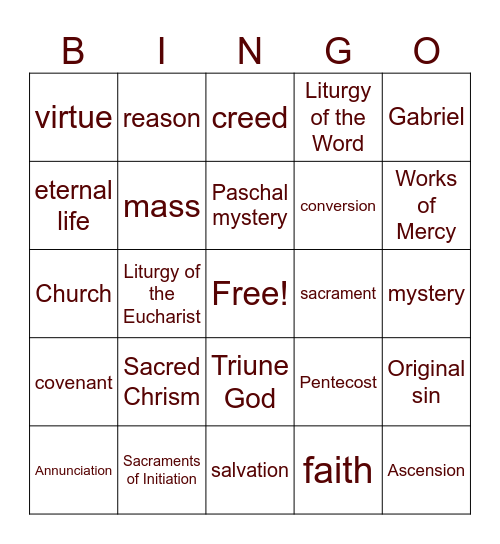 7th-8th Grade Religious Ed Bingo Card