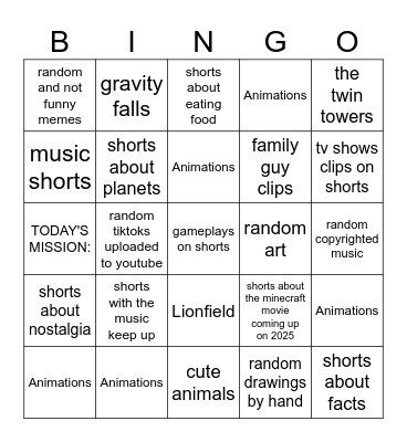 The youtube shorts bing Bingo Card