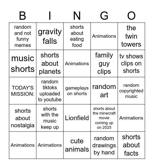 The youtube shorts bing Bingo Card