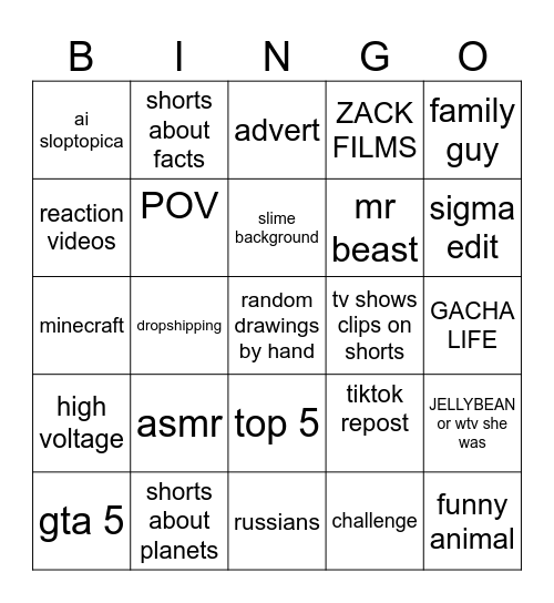 youtube shorties Bingo Card