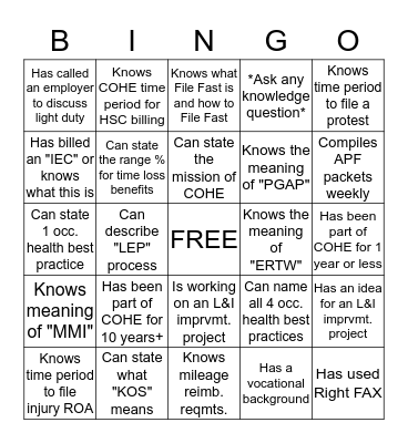 COHE/L&I Bingo  Bingo Card