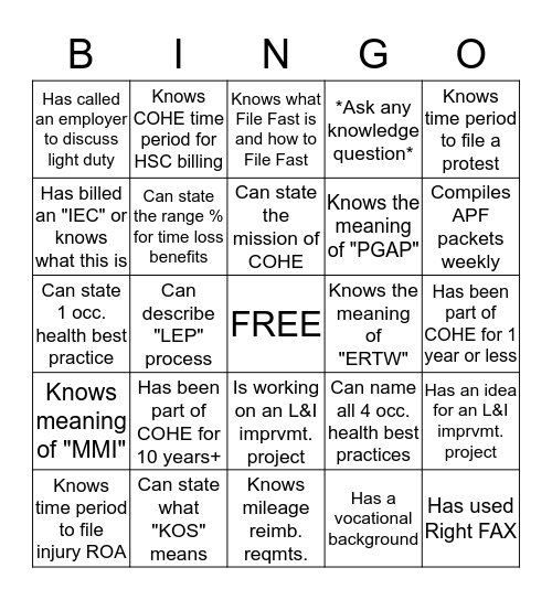 COHE/L&I Bingo  Bingo Card