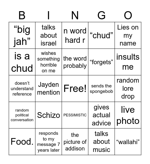 ayden Bingo Card