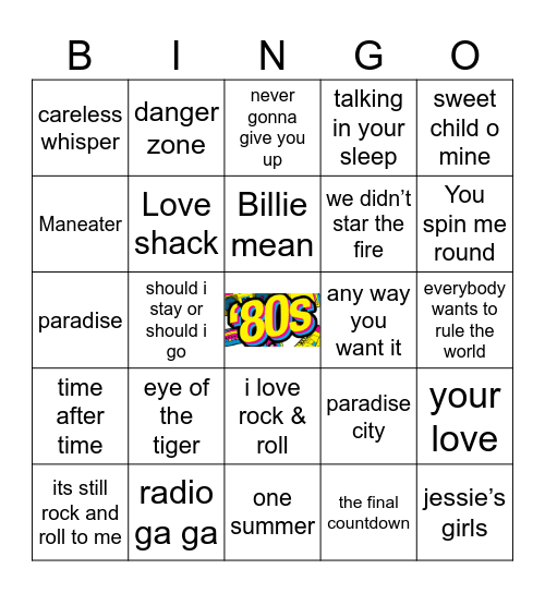 80’s Woop Woop Bingo Card
