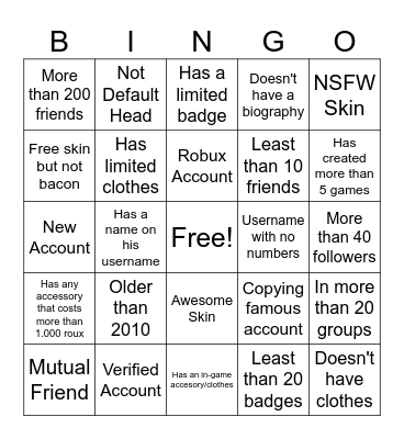 Roblox Account Bingo Card