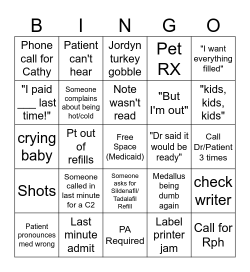 Pharmacy Bingo Card