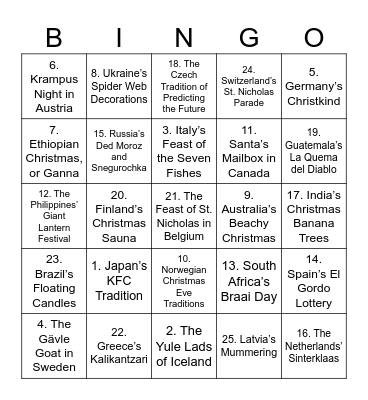 Christmas Traditions Around the World Bingo Card