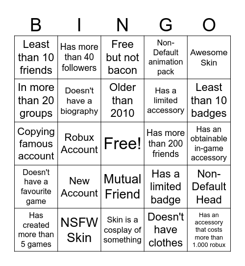 Roblox Account Bingo Card