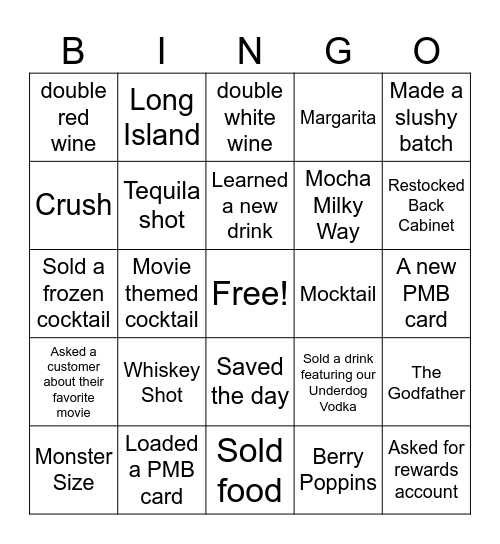 Bar Bingo Card