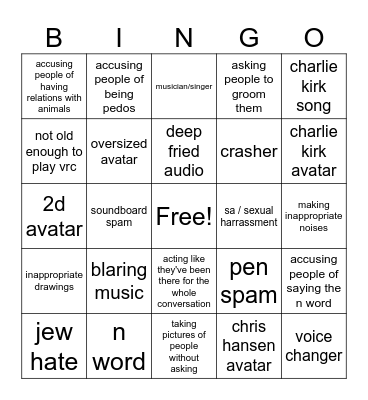 VR Chat Public Instance Bingo Card