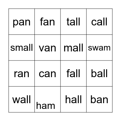 Glued sounds all, am, an Bingo Card