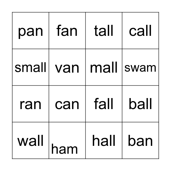 Glued sounds all, am, an Bingo Card