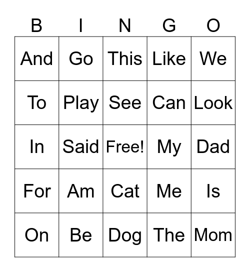 Snap Words Bingo Card