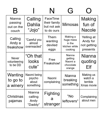 Xmas Freakshow Bingo Card