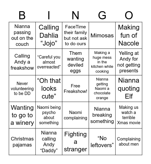 Xmas Freakshow Bingo Card
