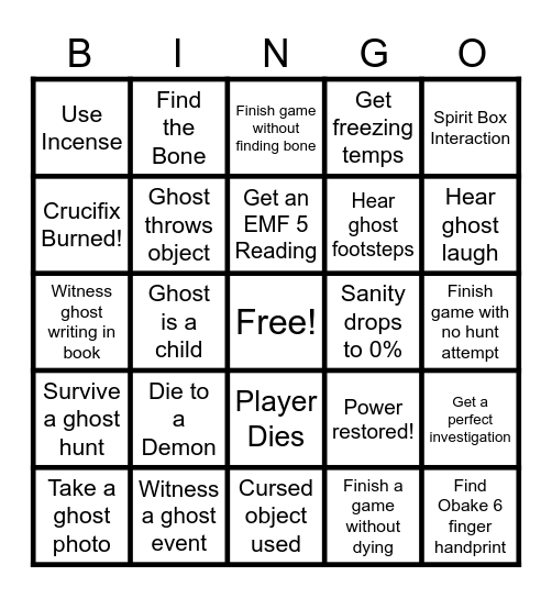 Phasmophobia BINGO Card