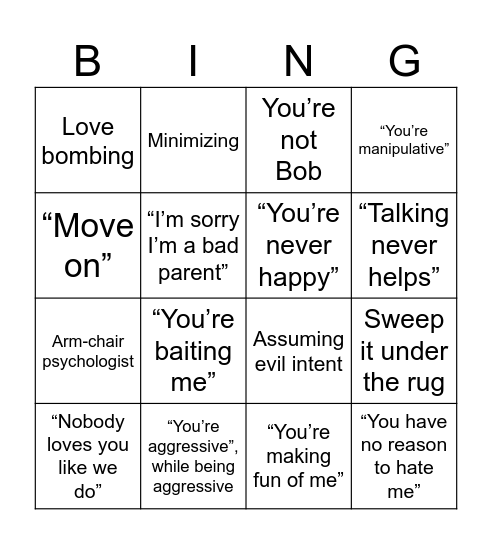 Mean Things Bingo Card