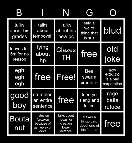 Glory Card Bingo Card