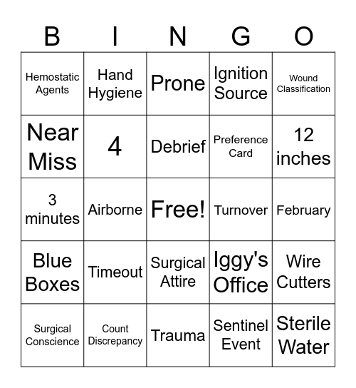 Operating Room Bingo Card