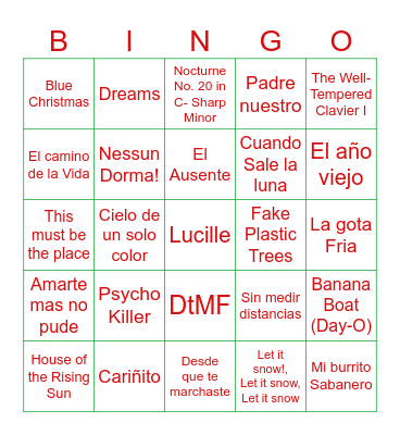Bingo Musical Bingo Card
