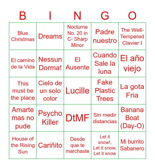 Bingo Musical Bingo Card