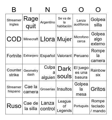 Streamer Rage Bingo Card