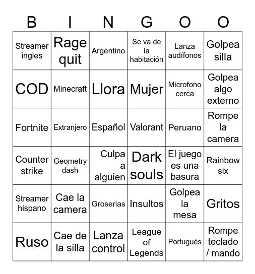 Streamer Rage Bingo Card