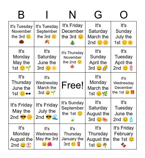 B2 L7 It's Monday January the 1st 🙂📅 Bingo Card