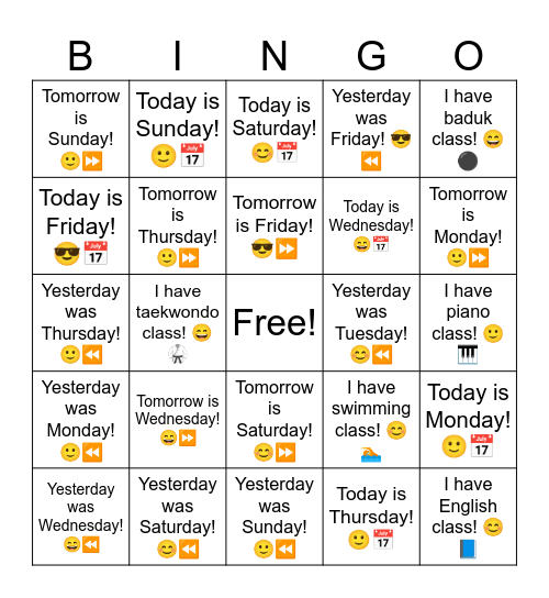 B2 L8 I have math class! 🙂➗ Bingo Card
