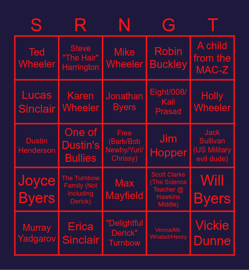 Stranger Things Death Bingo Card