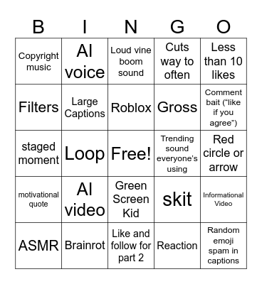 Yt shorts bingo Card