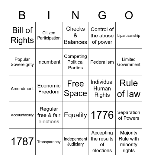 Principles of Democracy Bingo Card