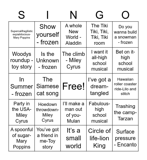 Disney Bingo Card