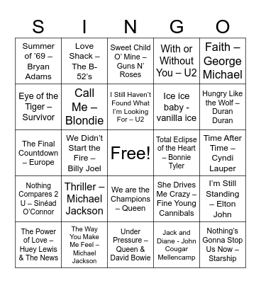 Singo 80’s songs Bingo Card