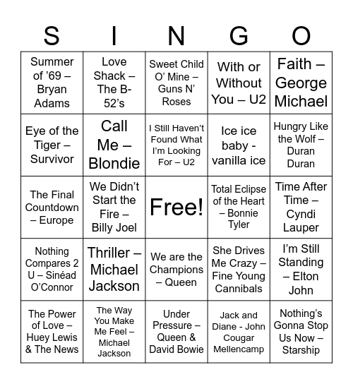 Singo 80’s songs Bingo Card
