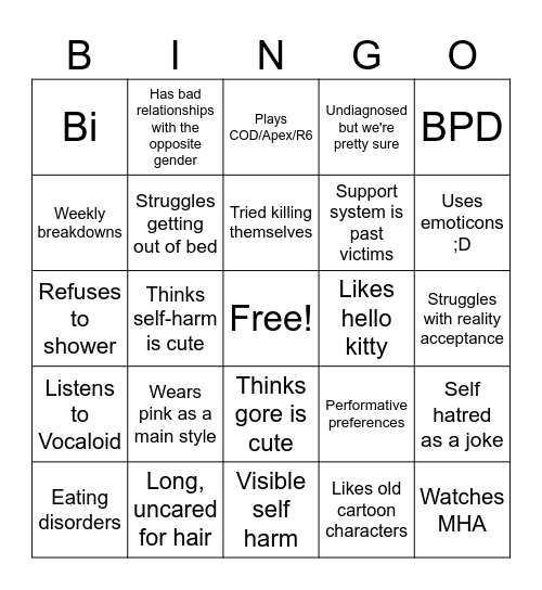 Mental unwell girlie BINGO Card
