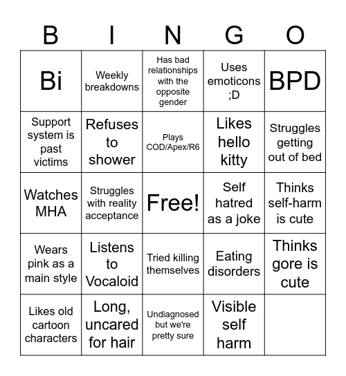 Mental unwell girlie BINGO Card
