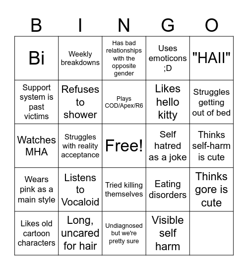 Mental unwell girlie BINGO Card