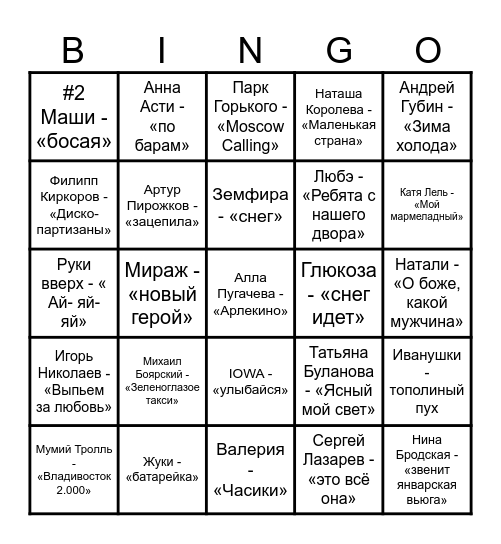 Музыкальное бинго Bingo Card