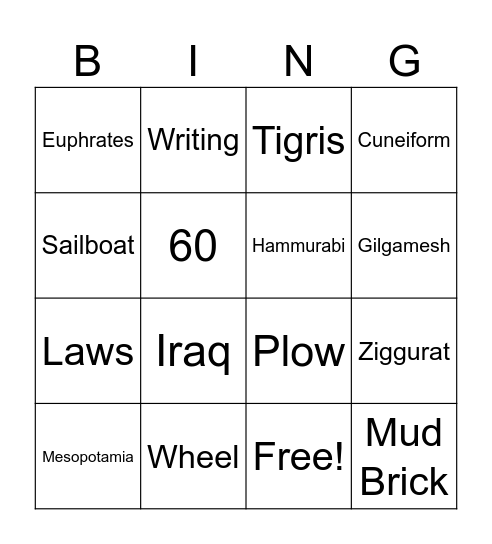 Mesopotamia Bingo Card