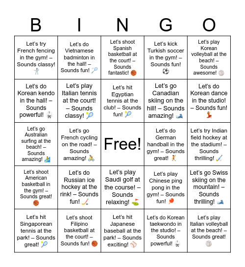 B9 L15 Let’s play Italian volleyball at the beach! – Sounds great! 🏐 Bingo Card