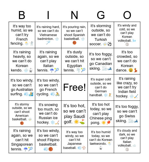 B9 L15 It’s raining a lot, so we can’t play Brazilian soccer. 🌧️⚽ Bingo Card