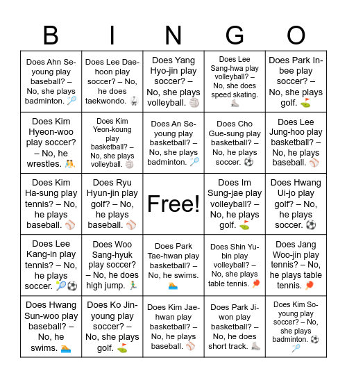 B9 L18 Does Son Heung-min play soccer? – Yes, he does. ⚽ Bingo Card